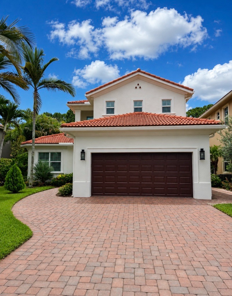 Two-story home repainted in white stucco with a refinished garage door